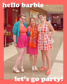 Three women pose in bright colors at a movie theater